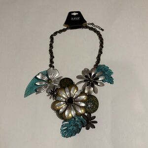 nwt a.n.a Statement Flower Necklace Teal Blue & Gold OS